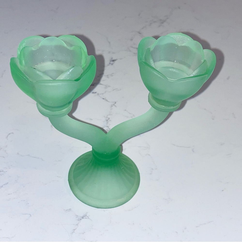 vintage frosted green glass double candle holder 6” tall